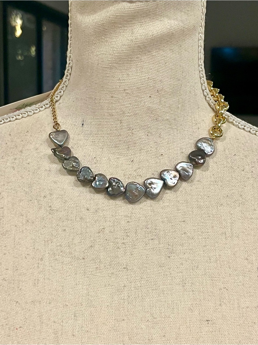 New Gold Chain Necklace with Grey Heart Freshwater Pearls